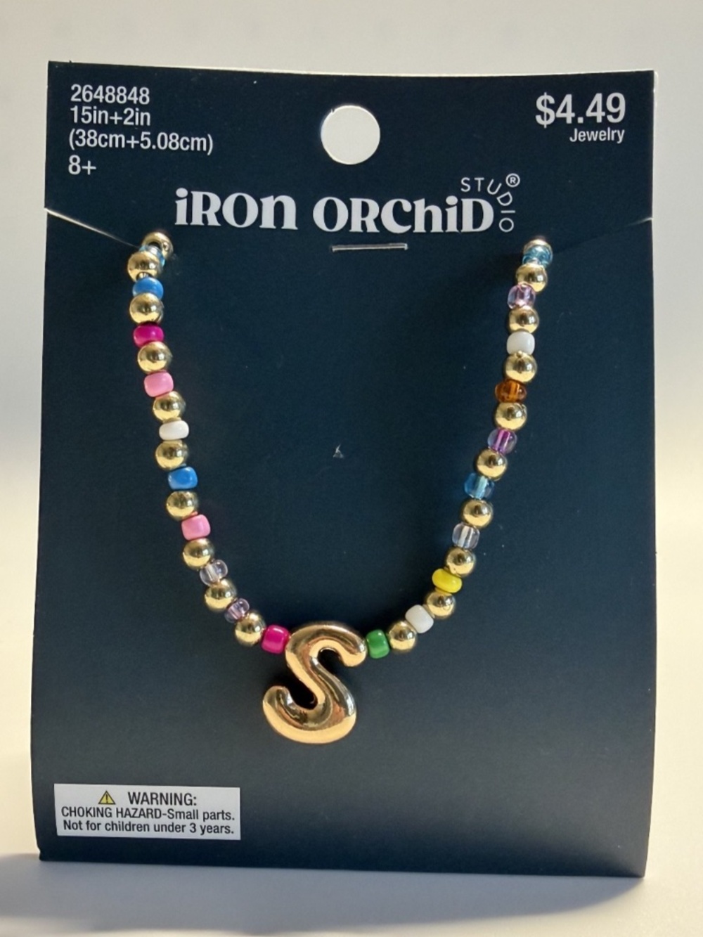 NEW Iron Orchid Studio Bubble Initial S Colorful Beaded Necklace w/Clasp Closure